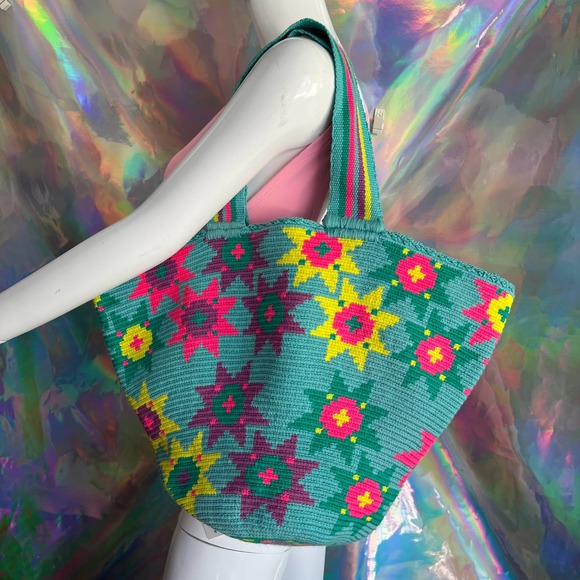 NEW Turquoise Star Flower Woven Beach Shoulder Bag - Picture 10 of 10